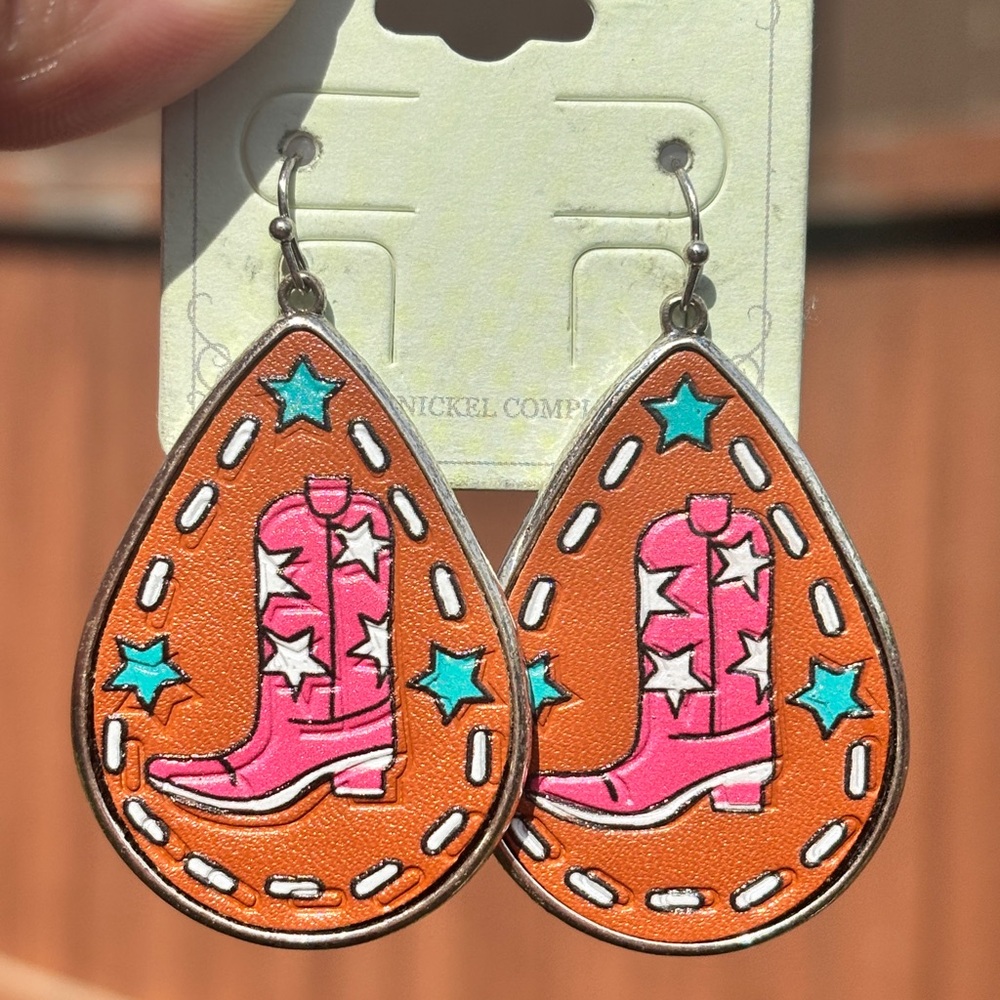 Cowgirl Teardrop Earrings with Pink Cowboy Boot Design